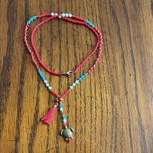 Red and Blue Beaded Necklace with Turtle & Tassel Pendant